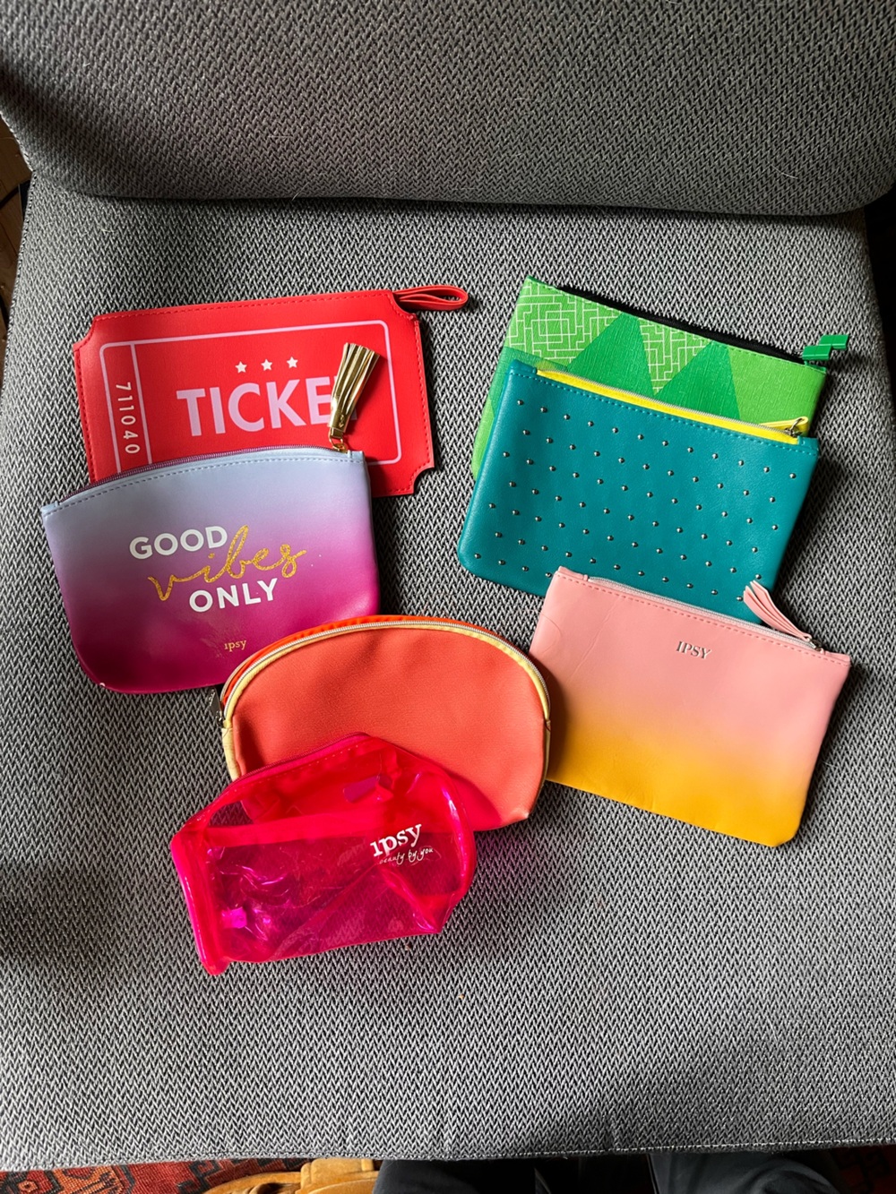Set of 7 Ipsy Small Zip Bags. Pink, Blue, Green. Approximately 4 x 7”